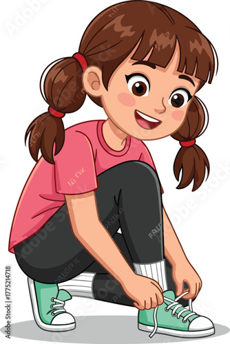 Cartoon girl tying shoelaces, daily activity, crouching pose, casual outfit, green sneakers, child character, vector illustration, smiling