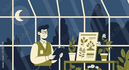 Botanical Researcher in a Greenhouse at Night Conducting Plant Analysis