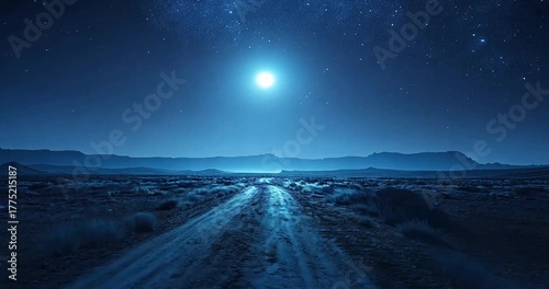 Moonlight desert road at night