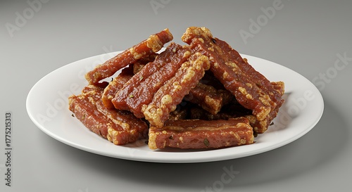 A white plate piled high with golden-brown, rectangular, crispy meat strips, presented against gray
