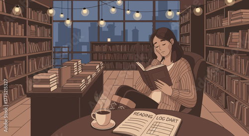 Serene Reading Moment: A Woman Immersed in a Book in a Cozy Bookstore Atmosphere