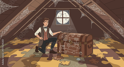 A Victorian Gentleman Discovers a Cryptic Puzzle Box in Dusty Attic Chamber