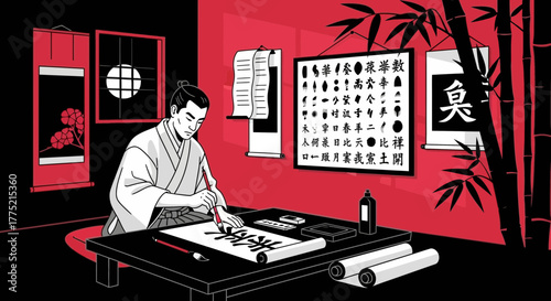 Traditional japanese calligraphy artist in a serene indoor red and black environment