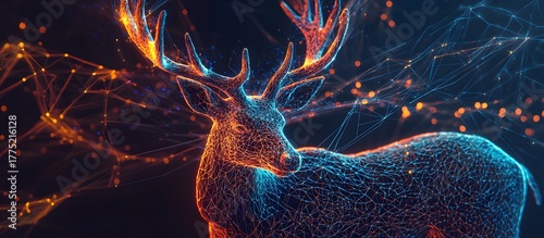 Digital golden reindeer. Technological Christmas design. Snowy background. Digital art style. Christmas technology concept. Advertising illustration. Copy space for product.