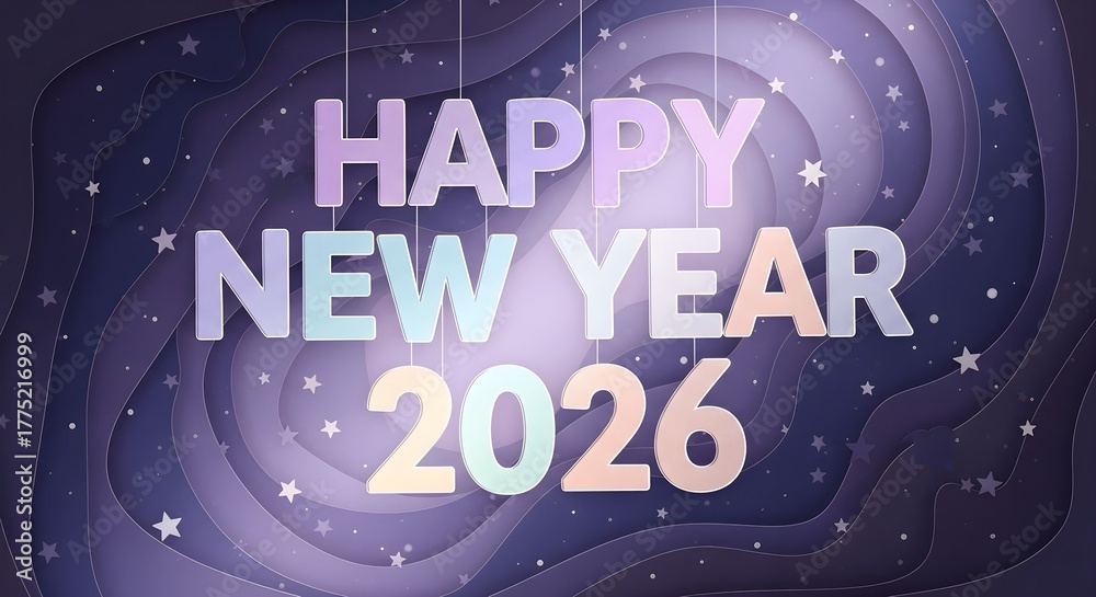 Fototapeta premium Happy New Year 2026 Celebration with Paper Cut Style Stars and Wavy Layers in Purple Tones