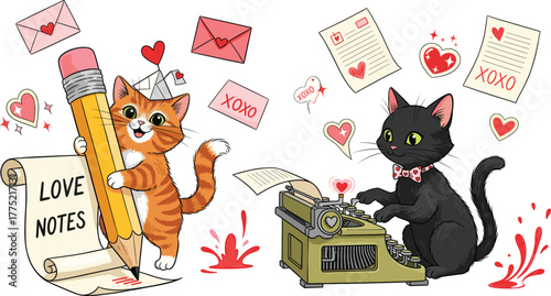 Cartoon cats writing love notes—orange tabby with pencil and scroll, black cat with typewriter, Valentine’s Day affection theme
