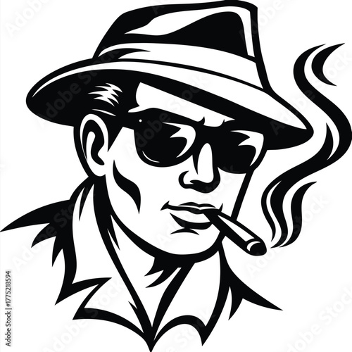 Cool confident man with a fedora smokes a cigar emitting smoke in monochrome