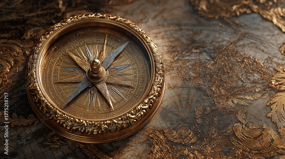 Obraz premium Golden Compass: A detailed golden compass rests upon a detailed golden surface. This image invites exploration, adventure, and the pursuit of direction.