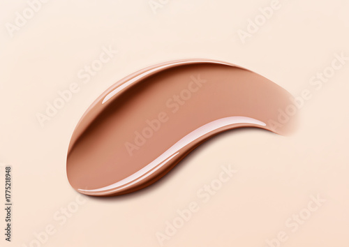 Brown lip gloss swatch on pastel background. Close-up of liquid lipstick, glossy texture, horizontal flatlay. Professional studio light