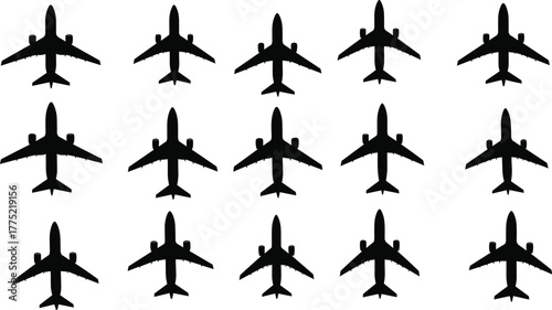 Airplane silhouette grid, aviation pattern, black aircraft icons, top view planes, military jets, flight design, white background, symmetry, repetition