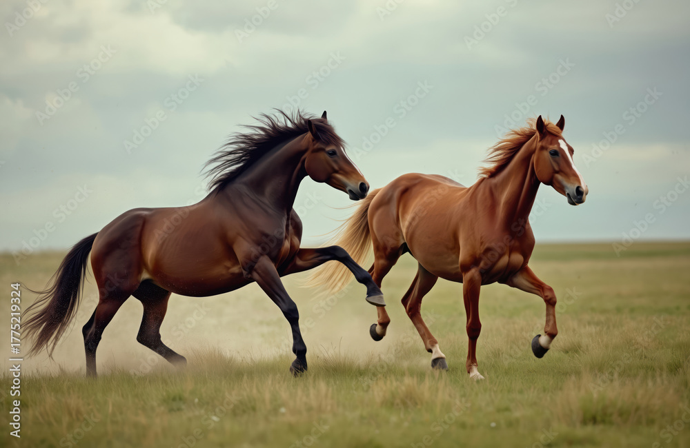 Fototapeta premium Two horses run in field under sky. Brown equine kicks other. Animals graze in meadow. Mammals gallop on green pasture. Horses play before mating on farm. Horses concept for animal rights publication.