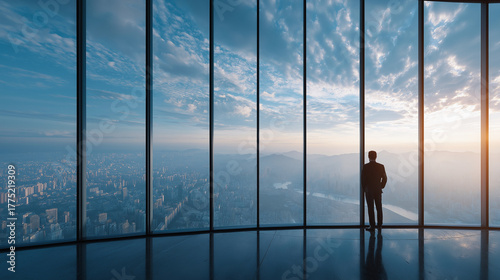Visionary Vantage: A determined individual, poised within a modern skyscraper, gazes out upon a cityscape beneath a dramatic sky, symbolizing leadership, ambition, and the pursuit of success.