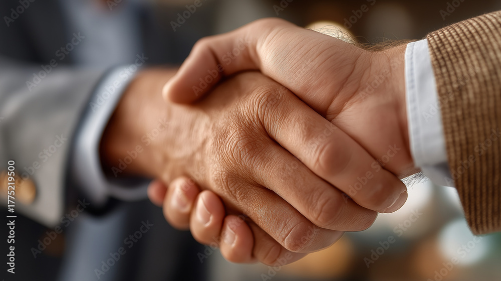 Obraz premium Handshake of Collaboration: A close-up view captures the essence of partnership as two individuals seal a deal, fostering trust and mutual understanding.