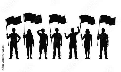 Protest crowd silhouette group of people holding flags and raising fists, black vector illustration symbolizing demonstration, activism, or unity