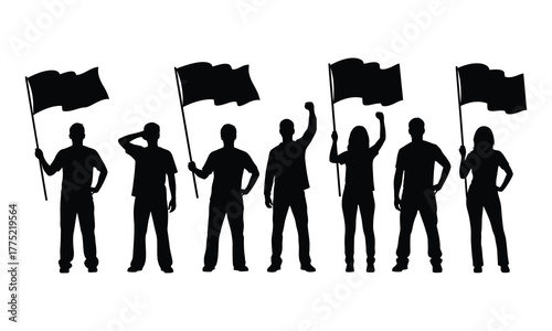 Protest crowd silhouette group of people holding flags and raising fists, black vector illustration symbolizing demonstration, activism, or unity