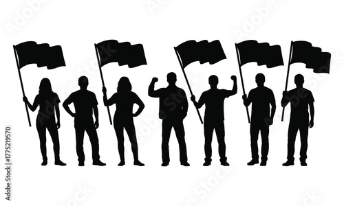 Protest crowd silhouette group of people holding flags and raising fists, black vector illustration symbolizing demonstration, activism, or unity
