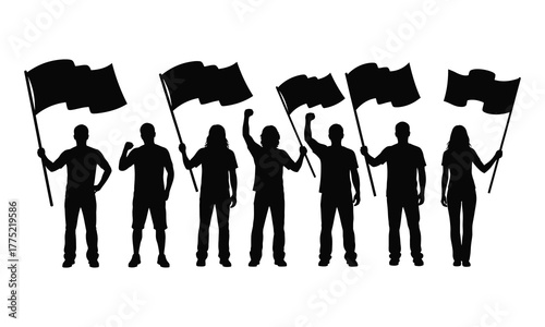 Protest crowd silhouette group of people holding flags and raising fists, black vector illustration symbolizing demonstration, activism, or unity