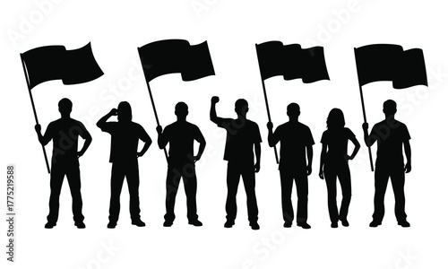 Protest crowd silhouette group of people holding flags and raising fists, black vector illustration symbolizing demonstration, activism, or unity