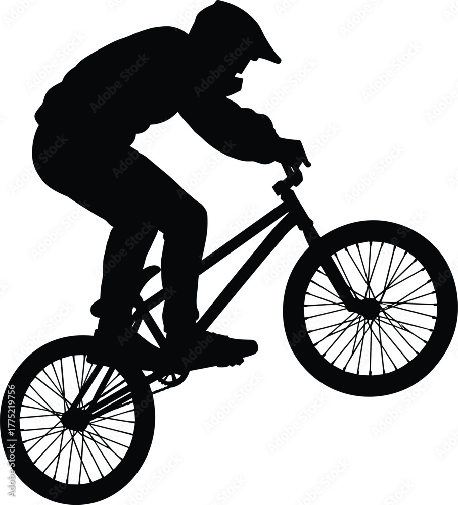 Naklejka premium BMX rider silhouette, extreme sport jump, airborne bicycle trick, freestyle stunt motion, helmet safety, black vector, dynamic action pose