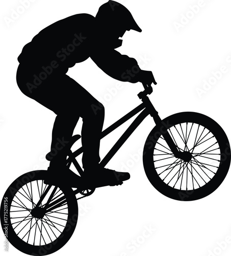BMX rider silhouette, extreme sport jump, airborne bicycle trick, freestyle stunt motion, helmet safety, black vector, dynamic action pose