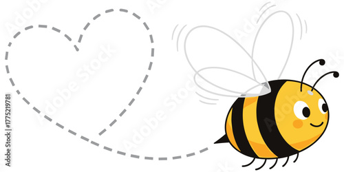Cartoon bee illustration, cheerful flying insect with heart-shaped trail, rosy cheeks, motion lines, and whimsical style on white background