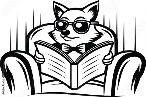 Fox with glasses and bowtie is reading in a black and white armchair