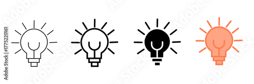 Set of minimalist light bulb icons with transparent background, depicting ideas, innovation, creativity, solutions, and energy concepts, for user interface design, vector illustration