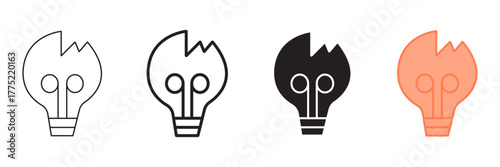 Set of minimalist broken light bulb icons with transparent background, depicting damaged idea, error concept, failed innovation, and creative block, vector illustration