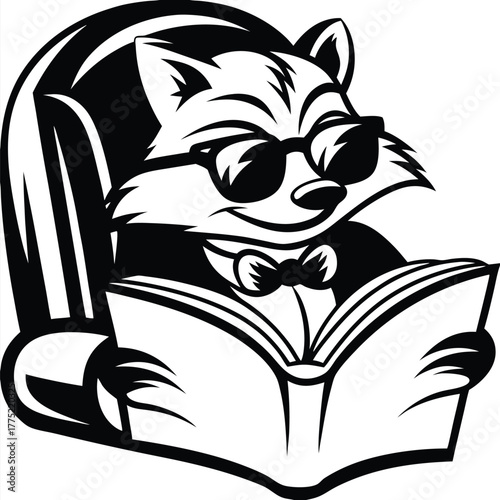 Black and white raccoon wearing sunglasses reads a book with bow tie