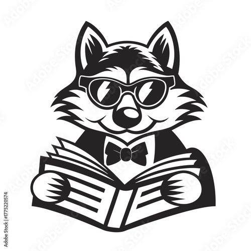 Cool wolf with sunglasses and bowtie reads a book in monochrome style