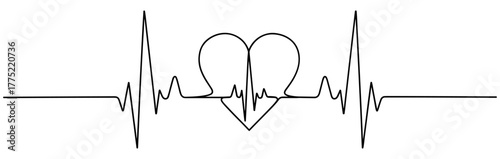 Heartbeat line illustration, black ECG vector with symmetrical heart shape in center symbolizing love, life, health, and emotional connection
