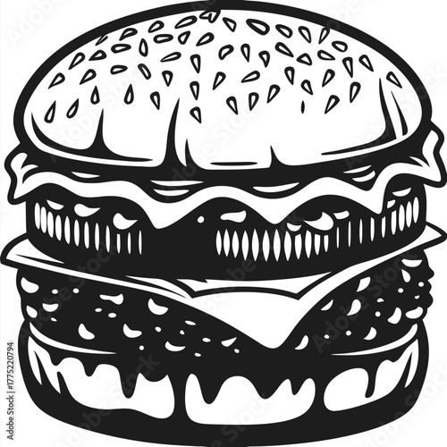 Bold monochrome burger features sesame seed bun, dripping cheese, and detailed meat textures