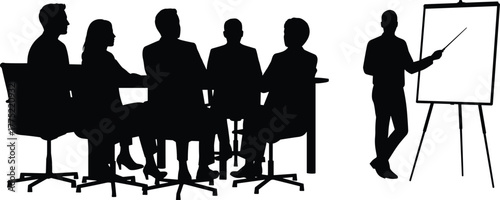 Business, meeting, silhouette, presentation, office, teamwork, discussion, corporate, professional, speaker, audience, table, chair, flipchart, training, seminar, black, white, communica
