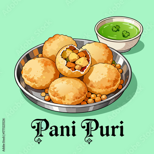 Illustration of delicious Indian street food Pani Puri, also known as Golgappa, served on a metal plate with spicy green water
