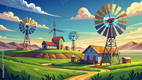 Very beautiful crisp spring morning light bathes a Kansas prairie windmill park in Ellis County, highlighting rustic windmills standing tall under a vast blue sky and open green fields.