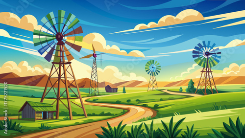 Very beautiful crisp spring morning light bathes a Kansas prairie windmill park in Ellis County, highlighting rustic windmills standing tall under a vast blue sky and open green fields.