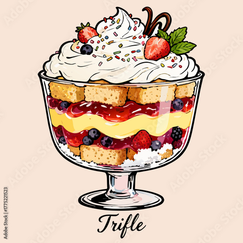 A vibrant illustration of a classic English trifle, layered with sponge cake, rich custard, sweet berry jam, and topped with fresh fruit and whipped cream