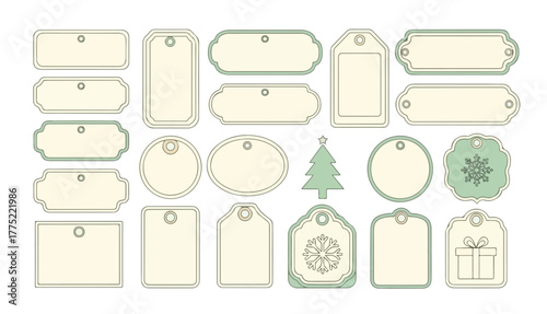A collection of various vintage-style gift tags and labels with decorative borders and festive elements.