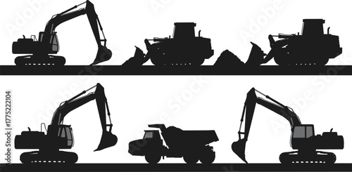 Construction, vehicle, silhouette, excavator, bulldozer, dump, truck, black, white, machinery, heavy, equipment, industrial, earthmoving, transport, graphic, icon, site, loader, engineering