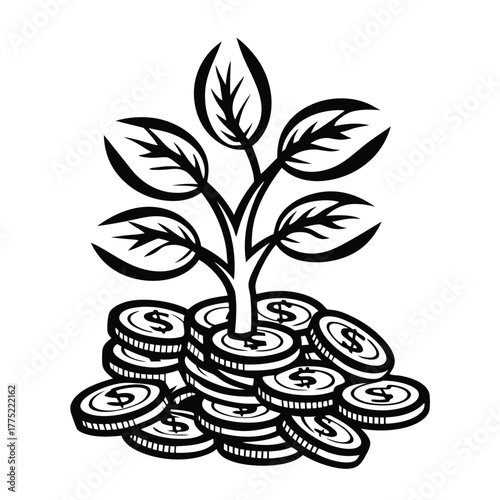 Black and white money tree is growing from stack of dollar coins