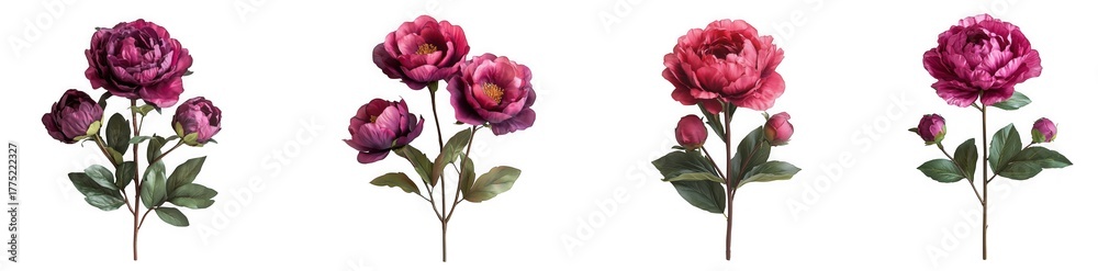 Fototapeta premium Four artificial deep pink peony flowers with buds and green leaves isolated on transparent background