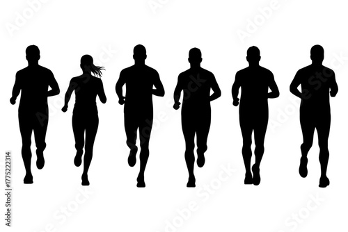 Group of runner silhouettes with men and one woman jogging forward
