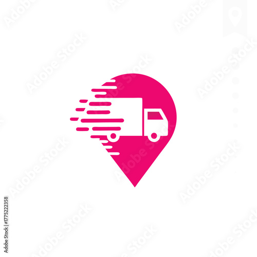 Delivery truck within pink location pin conveys rapid shipping and precise destination mapping