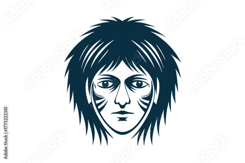 Detailed monochrome eyes and flowing hair outline show a contemplative face portrait view