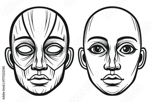 Anatomical study shows the facial muscles alongside a clean face in black and white