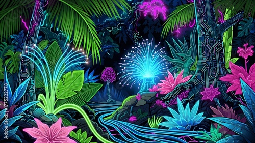 Neon Bio-Digital Futuristic Jungle Landscape