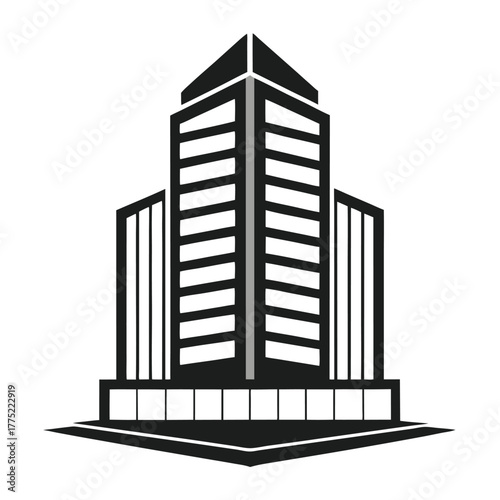Black and white stylized building features a strong symmetric design with architectural elements