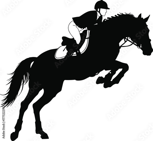 Equestrian, horse jumping, rider silhouette, show jumping, black and white, dynamic motion, helmet, competition, sport, leap, action, posture, athletic, horse, rider, jump, silhouette, eque