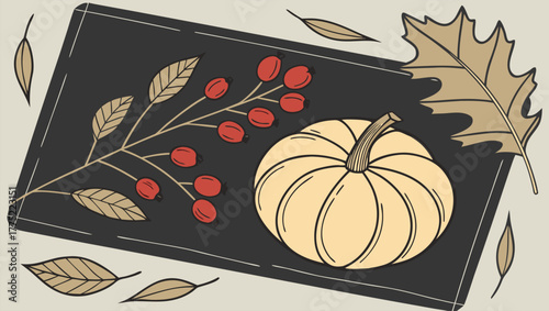 Festive autumn border made of pumpkins, colorful fall leaves, berries, and seasonal fruits framing the Happy Thanksgiving Day text — warm rustic tones, cozy holiday atmosphere, top view composition