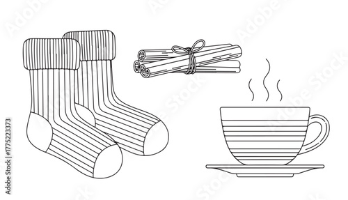 Illustration of cozy socks, cinnamon sticks tied with string, and a steaming cup of hot beverage.